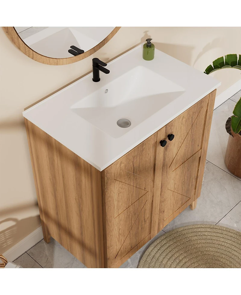 Sillysis 29" Antique Bathroom Vanity with Sink, Quick-Install Folding Storage, Eco Mdf Matte 3D Embossed Finish, Large Capacity