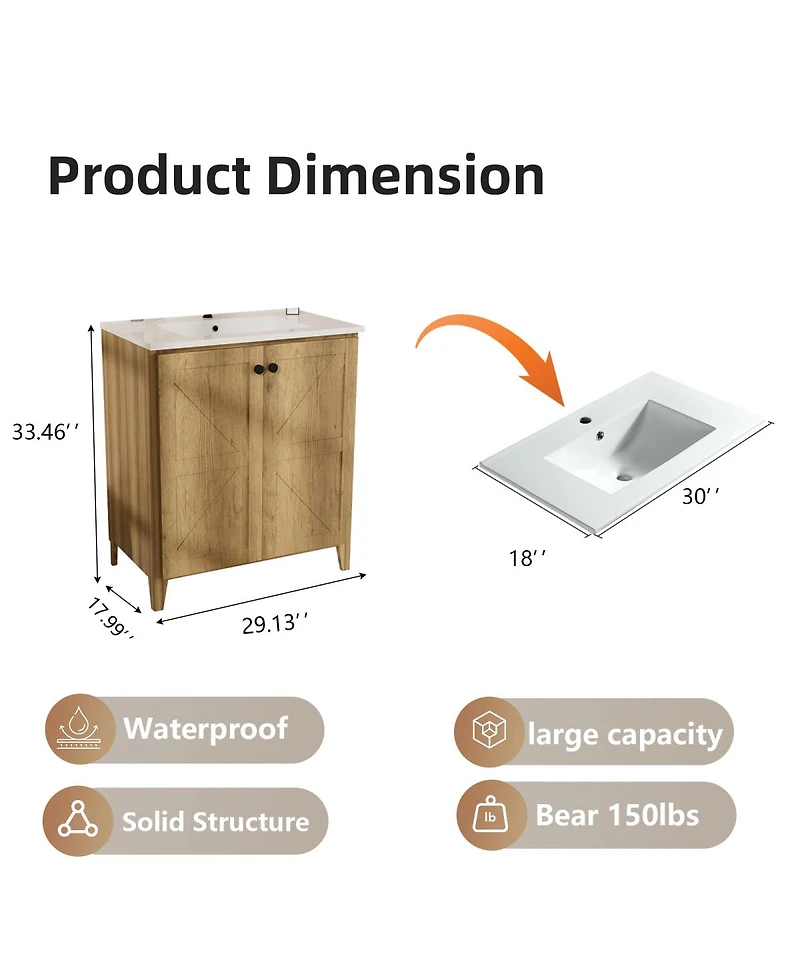 Sillysis 29" Antique Bathroom Vanity with Sink, Quick-Install Folding Storage, Eco Mdf Matte 3D Embossed Finish, Large Capacity