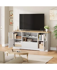 gaomon Tv Stand for 75 Inch TVs, Retro Media Console with Glass Cabinets & Open Shelves, Farmhouse Modern Entertainment Center