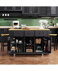 Streamdale Furniture 53" Kitchen Island w/ 2 Stools, Power Outlet, Storage, Cart on Wheels, Drop Leaf