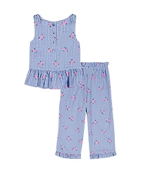 Kids Headquarters Girls' 2T-6X Floral Plaid Ruffle-Trim Top and Pants, 2-Piece Set