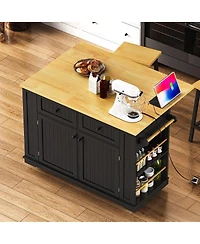 Streamdale Furniture 48" Large Kitchen Island with Drop Leaf, Power Outlet, Storage, Black