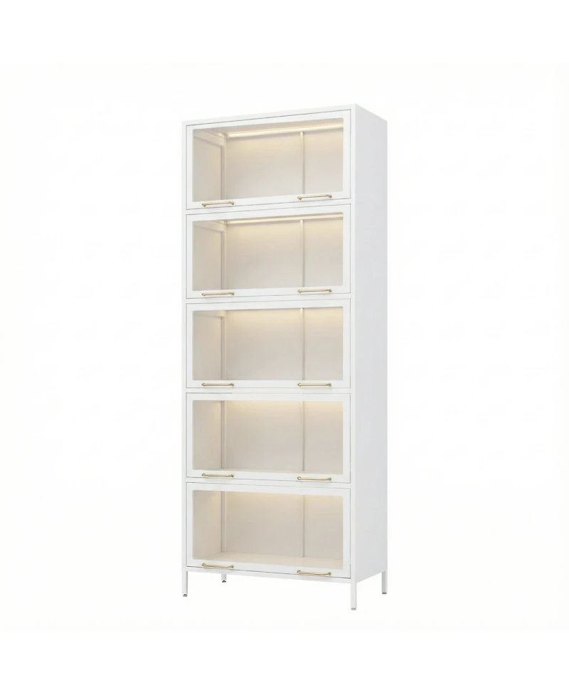 Streamdale Furniture Iron Display Cabinet with Glass Doors, 5-Tier Steel Bookcase with Led Lights