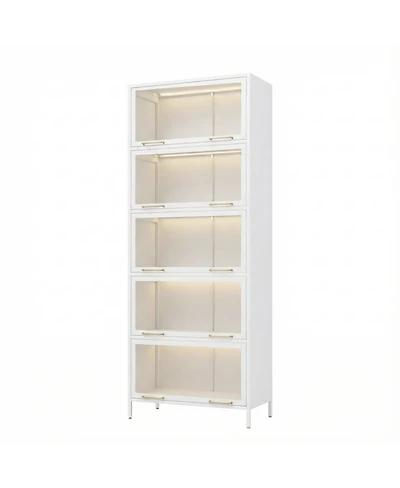 Streamdale Furniture Iron Display Cabinet with Glass Doors, 5-Tier Steel Bookcase with Led Lights