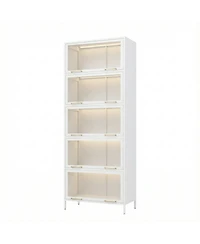 Streamdale Furniture Iron Display Cabinet with Glass Doors, 5-Tier Steel Bookcase with Led Lights