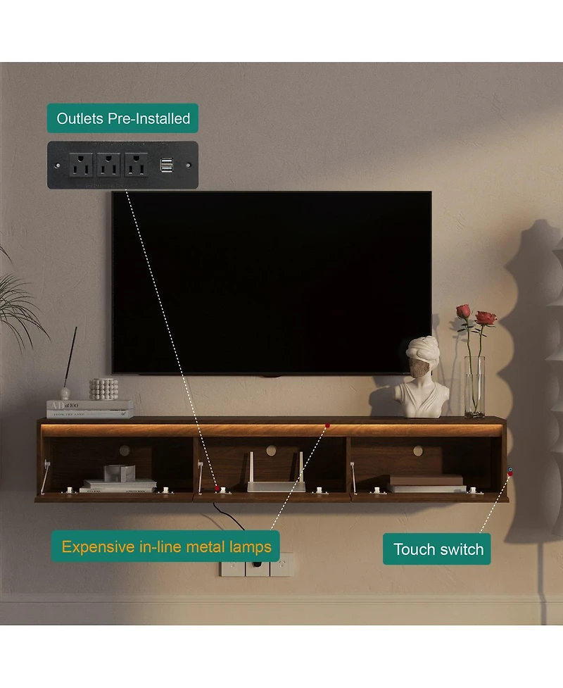 Streamdale Furniture Floating Tv Stand with Led Lights & Power Outlet