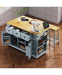 Streamdale Furniture Kitchen Island w/ 2 Stools, Power Outlet, Storage, Drop Leaf, 5 Wheels