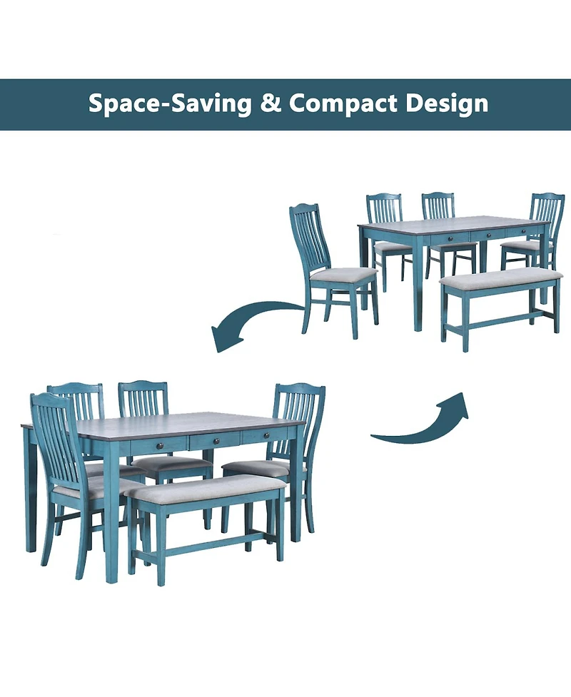 Streamdale Furniture Mid-Century 6-Piece Wood Dining Set with Drawer, Chairs & Bench