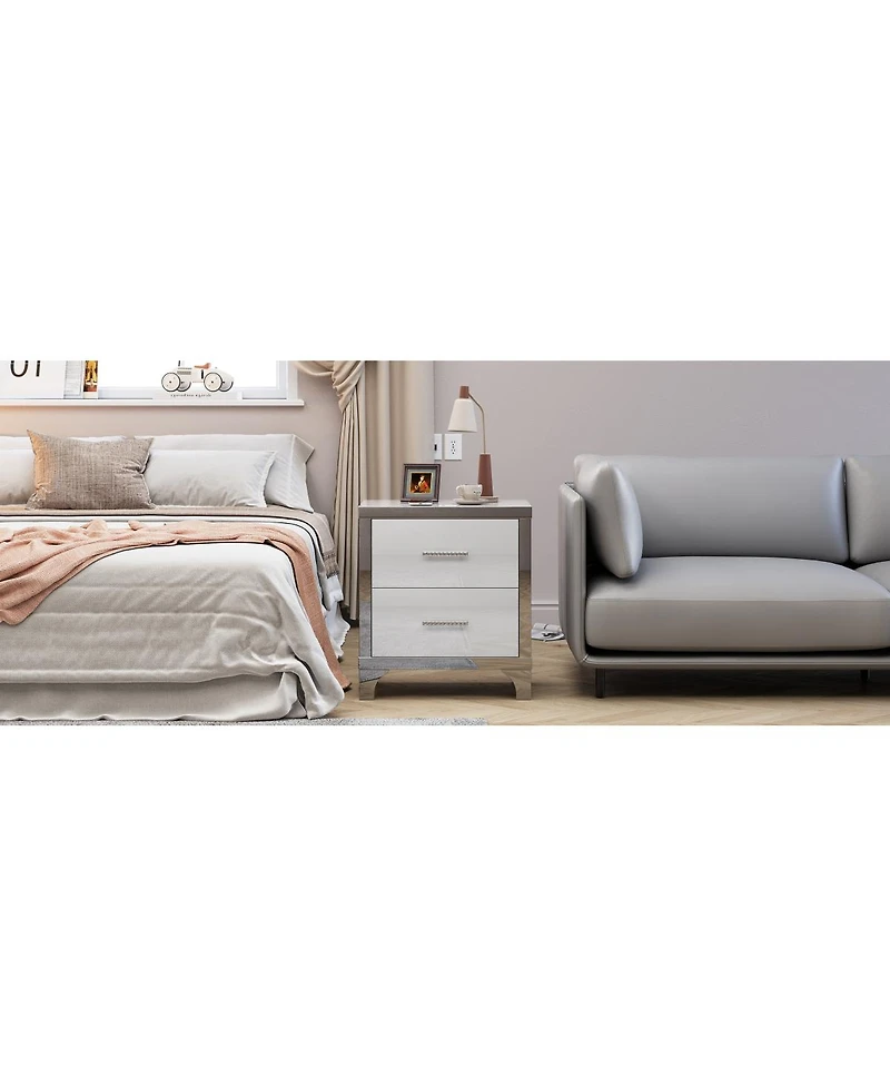 Streamdale Furniture High Gloss Mirrored 2-Drawer Nightstand - Modern Bedside End Table