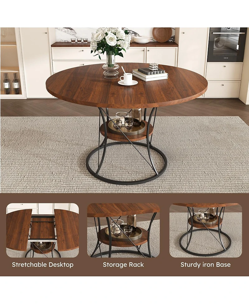Streamdale Furniture 43" Round Expandable Farmhouse Dining Table with Storage Shelf (No Chairs)