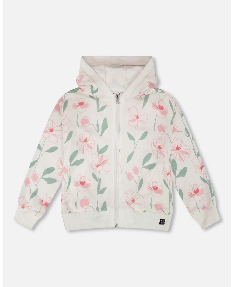 Deux par Deux Toddler Girls French Terry Hoodie Off White Printed Flowers