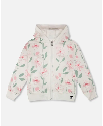 Deux par Deux Toddler Girls French Terry Hoodie Off White Printed Flowers