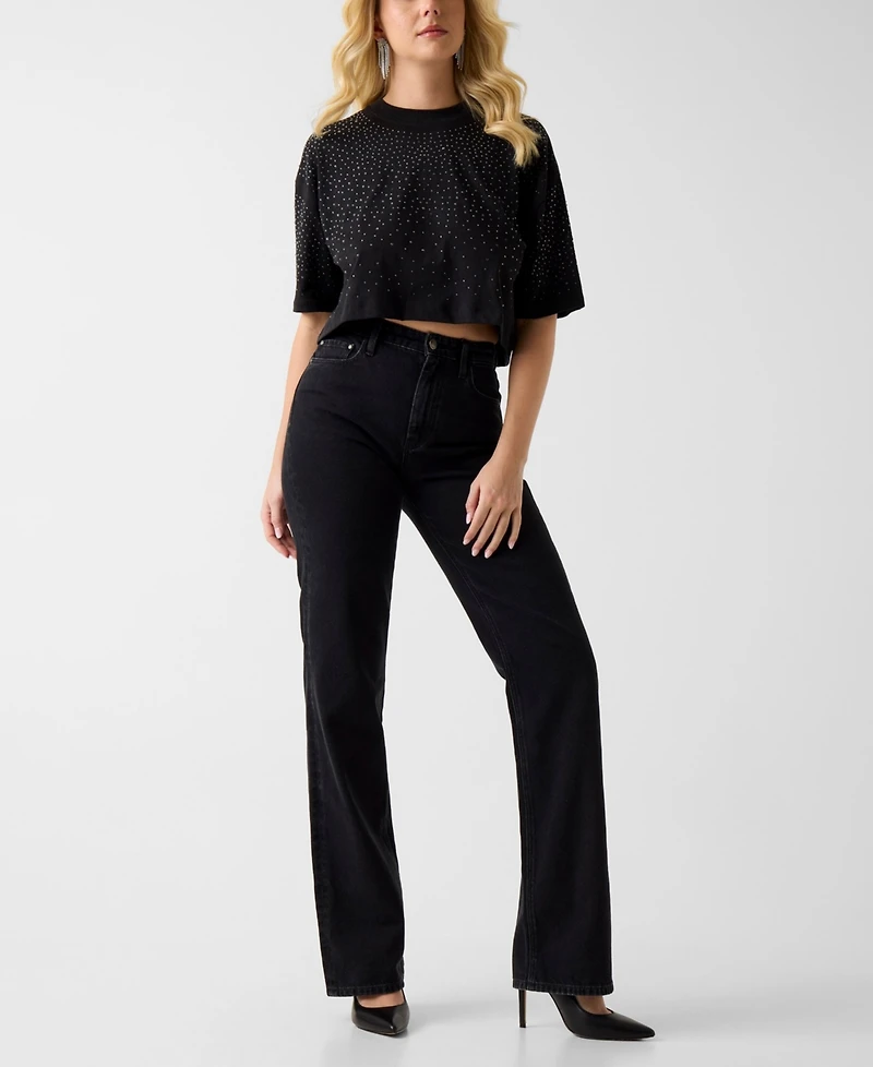 Guess Women's Rhinestone Embellished Crewneck Cropped T-Shirt