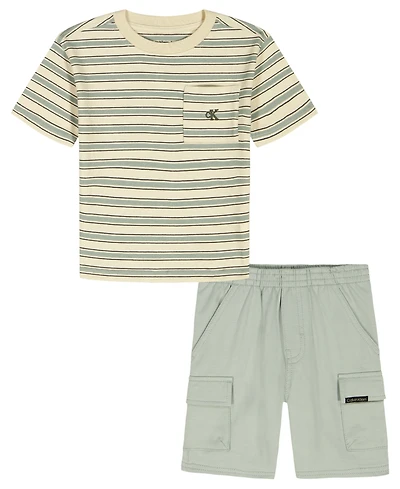 Calvin Klein Boys' 2T-7 Relaxed Multi-Stripe T-Shirt and Cargo Shorts, 2-Piece Set