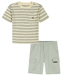 Calvin Klein Boys' 2T-7 Relaxed Multi-Stripe T-Shirt and Cargo Shorts, 2-Piece Set