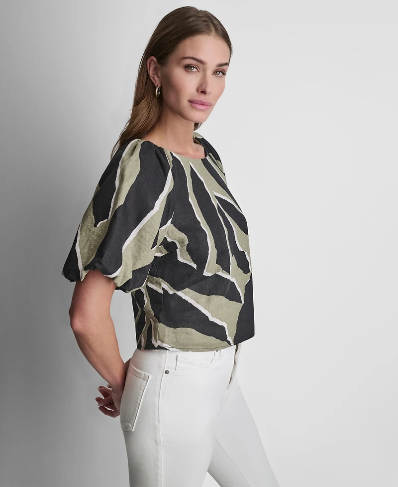 Dkny Women's Printed Scoop-Neck Short-Puff-Sleeve Top