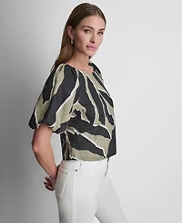 Dkny Women's Printed Scoop-Neck Short-Puff-Sleeve Top