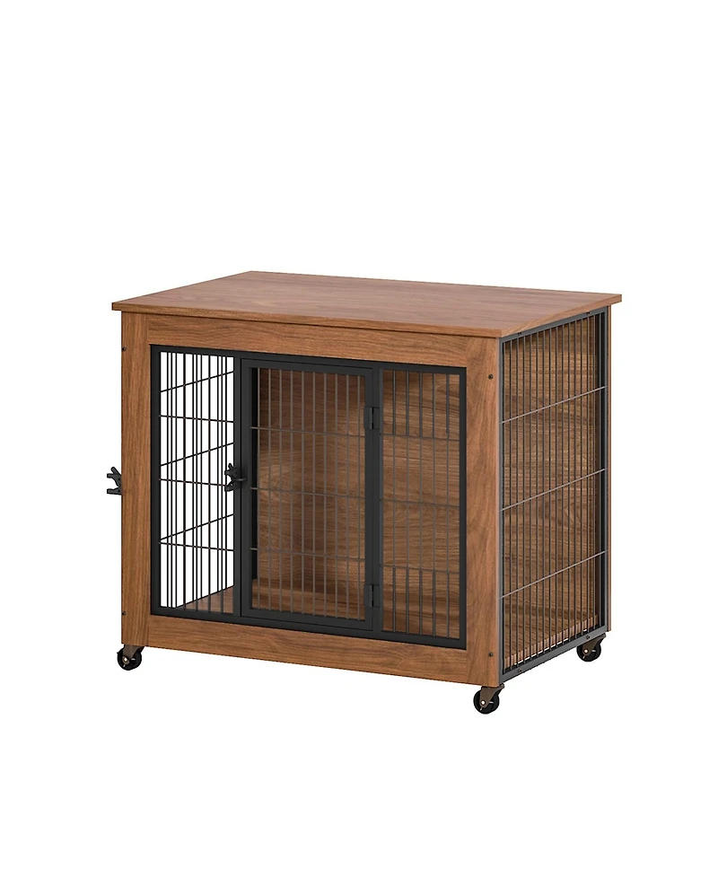 Aostirmotor 32.5" Dog Crate Furniture End Table with Wheels, 2-Door Heavy Duty Kennel for Small Dogs
