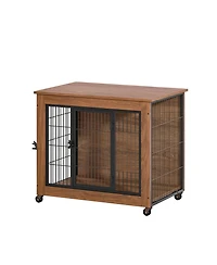 Aostirmotor 32.5" Dog Crate Furniture End Table with Wheels, 2-Door Heavy Duty Kennel for Small Dogs