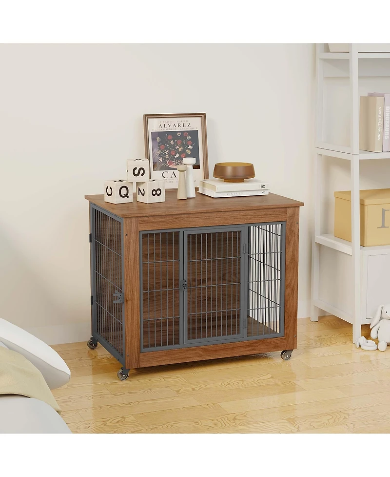 Aostirmotor 32.5" Dog Crate Furniture End Table with Wheels, 2-Door Heavy Duty Kennel for Small Dogs
