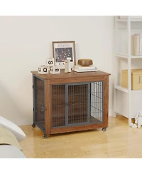 Aostirmotor 32.5" Dog Crate Furniture End Table with Wheels, 2-Door Heavy Duty Kennel for Small Dogs