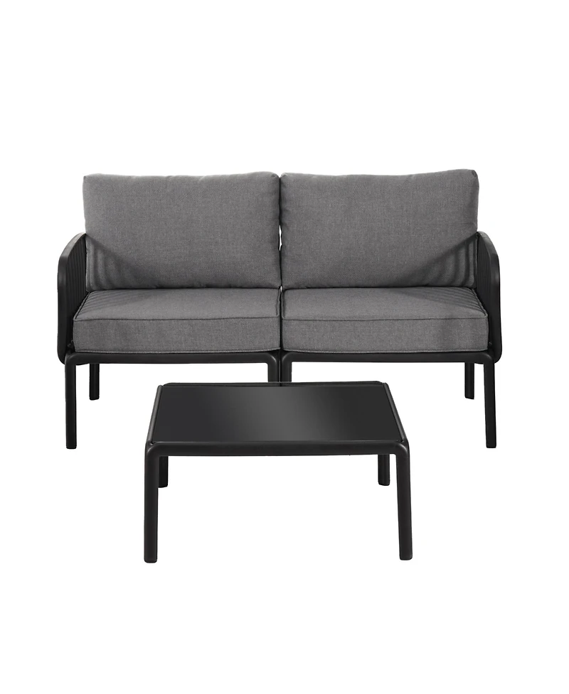 Flynama 3 Piece Modern Outdoor Patio Sectional Conversation Set with Square Coffee Table Waterproof Thick Cushions Black Dark Gray for Porch Balcony