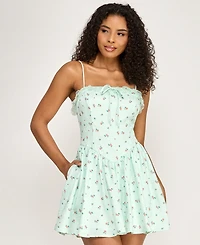 City Studios Juniors' Ditsy Floral Jacquard Lace Trim Bow Dress