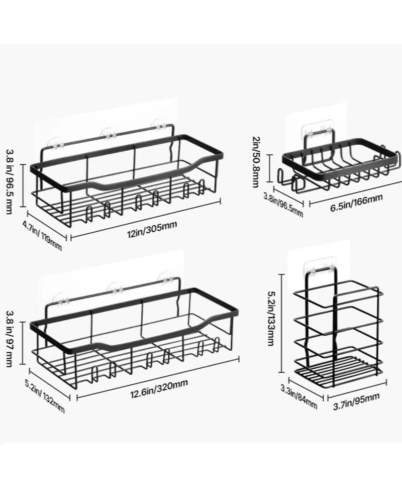Rainsken Shower Caddy 5 Pack, Adhesive Bathroom Storage Organizer Set, No Drill Wall Mounted Shower Shelves, 40 lbs Capacity