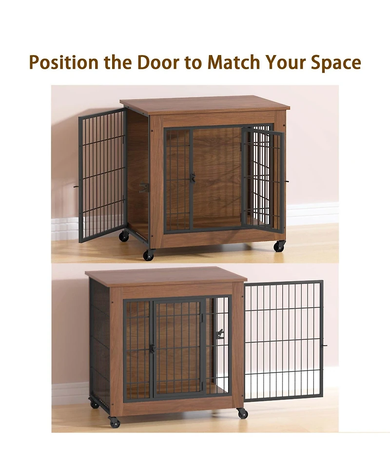 Aostirmotor 27.2" Dog Crate Furniture End Table with Wheels, 2-Door Heavy Duty Kennel for Small Dogs