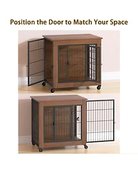 Aostirmotor 27.2" Dog Crate Furniture End Table with Wheels, 2-Door Heavy Duty Kennel for Small Dogs