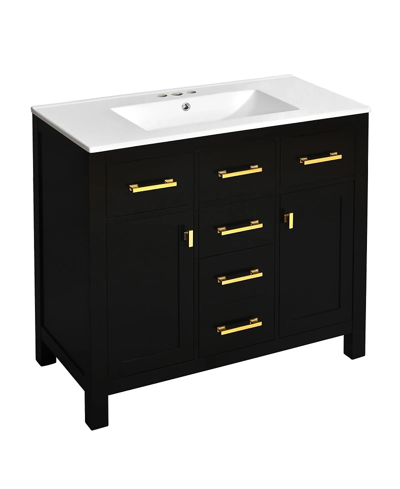 Sillysis 36" Modern Solid Wood Bathroom Vanity with Ceramic Sink, 4 Drawers & 2 Soft Close Doors Freestanding Cabinet