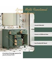 Sillysis 36" Modern Solid Wood Bathroom Vanity with Ceramic Sink, 4 Drawers & 2 Soft Close Doors Freestanding Cabinet