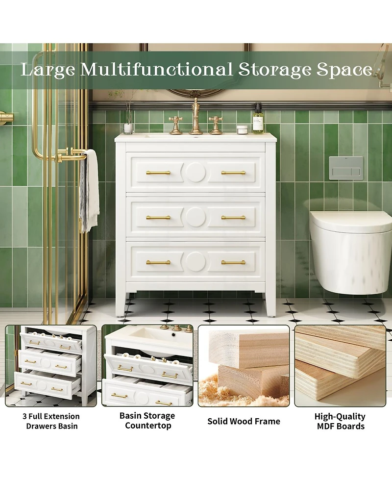 Sillysis 30" Bathroom Vanity with Ceramic Sink, Retro Solid Wood Cabinet & 3 Drawer Storage for Small Spaces