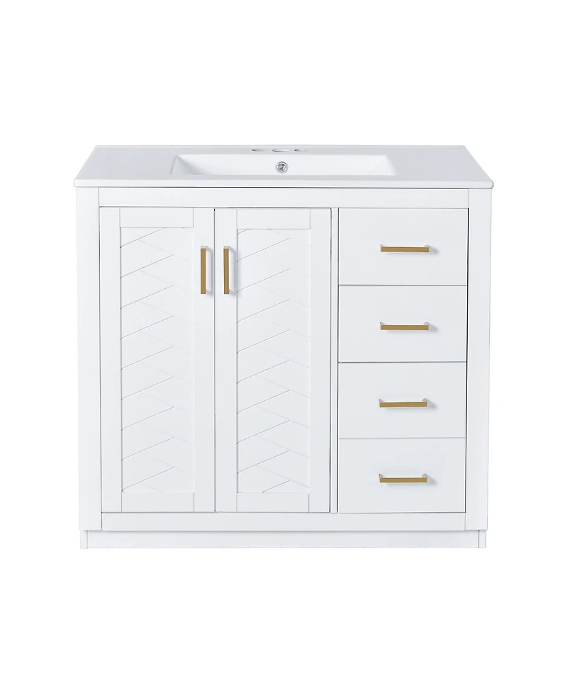 Sillysis 36" Bathroom Vanity with Ceramic Sink, Modern Solid Wood Cabinet & Ample Storage Drawers for Small Spaces