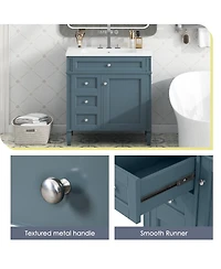 Sillysis Bathroom Vanity with Ceramic Sink, Solid Wood Cabinet, Ample Storage Drawers Adjustable Shelf for Small