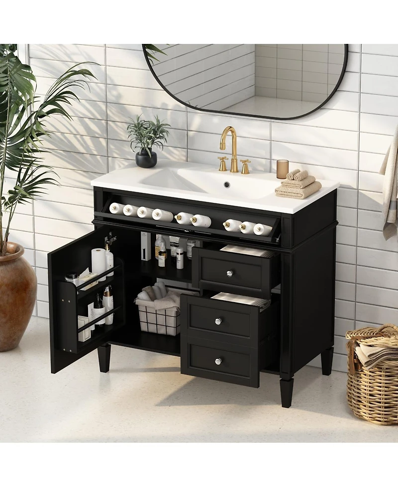Sillysis 36" Modern Bathroom Vanity with Resin Sink, Freestanding Cabinet 2 Drawers & Tip-out Drawer