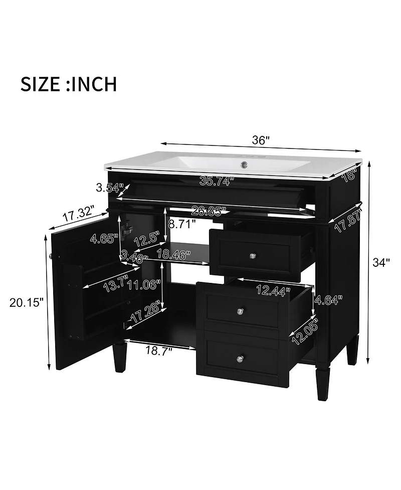 Sillysis 36" Modern Bathroom Vanity with Resin Sink, Freestanding Cabinet 2 Drawers & Tip-out Drawer