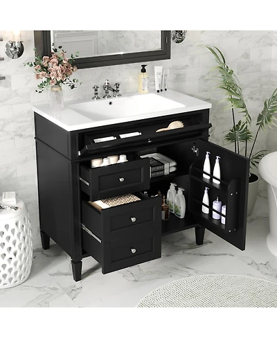 Sillysis 36" Bathroom Vanity with Resin Sink, Modern Freestanding Cabinet Drawers & Adjustable Shelf, Solid Wood Mdf Storage