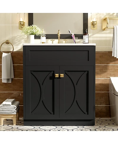 Sillysis 30" Modern Bathroom Vanity with Ceramic Sink, Retractable Rack & Large Storage Cabinet for Small Spaces