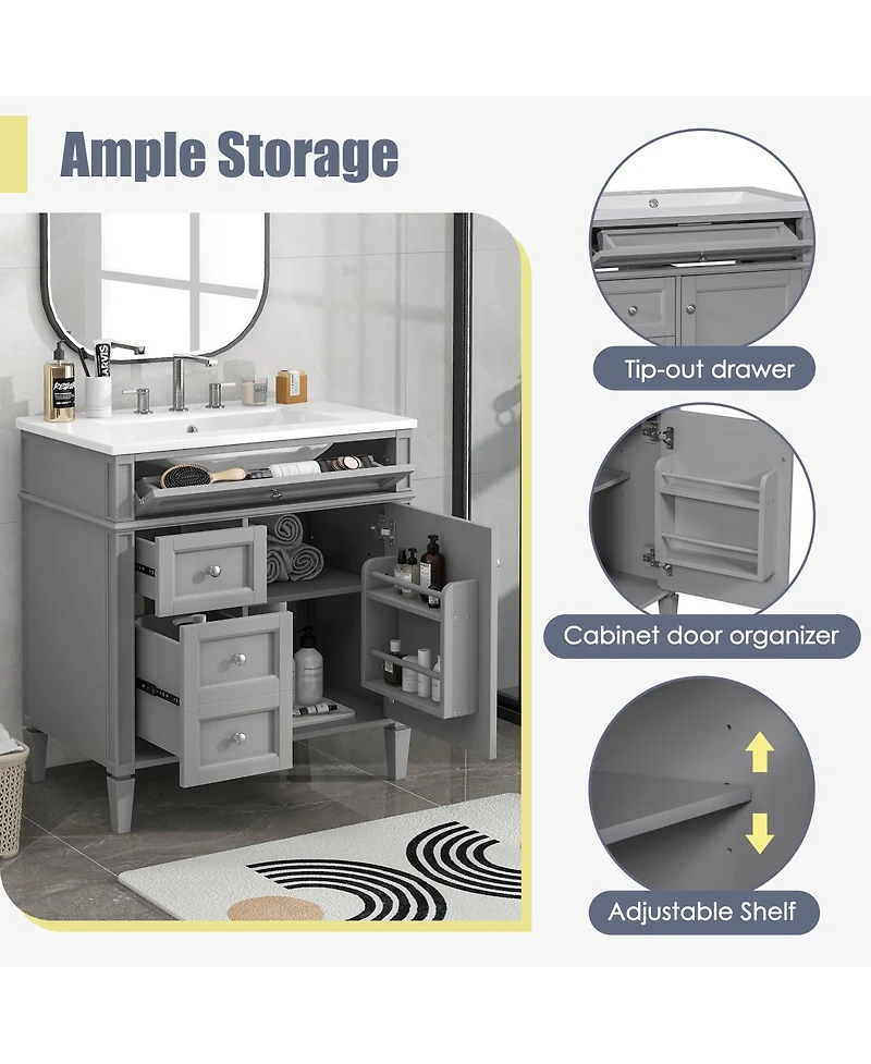 Sillysis Bathroom Vanity with Ceramic Sink, Solid Wood Cabinet, Ample Storage Drawers Adjustable Shelf for Small