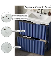 Sillysis 30" Modern Fluted Bathroom Vanity Cabinet with Ceramic Sink, Soft Close Drawers & Storage for Small Bathrooms