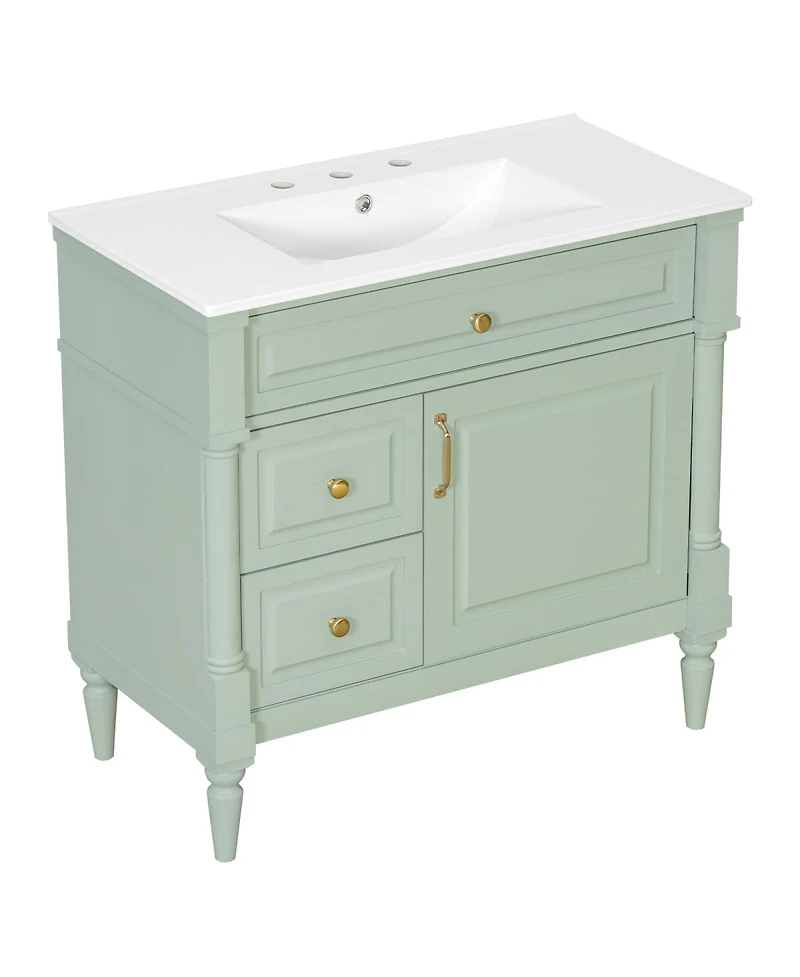 Sillysis 36" Bathroom Vanity with Sink, Solid Wood Cabinet Flip Drawer and Adjustable Shelf, Freestanding Modern Storage