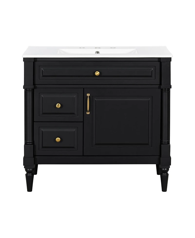 Sillysis 36" Bathroom Vanity with Sink, Solid Wood Cabinet Flip Drawer and Adjustable Shelf, Freestanding Modern Storage