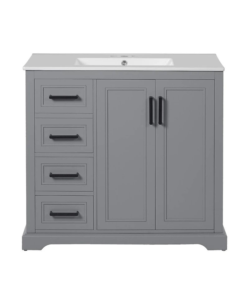 Sillysis 36" Modern Bathroom Vanity with Ceramic Sink, Solid Wood Frame & Soft Close Drawers for Small Spaces
