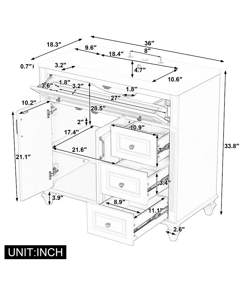 Sillysis 36" Bathroom Vanity with Ceramic Sink and Tilt-Out Drawer, Freestanding Classic Modern Storage