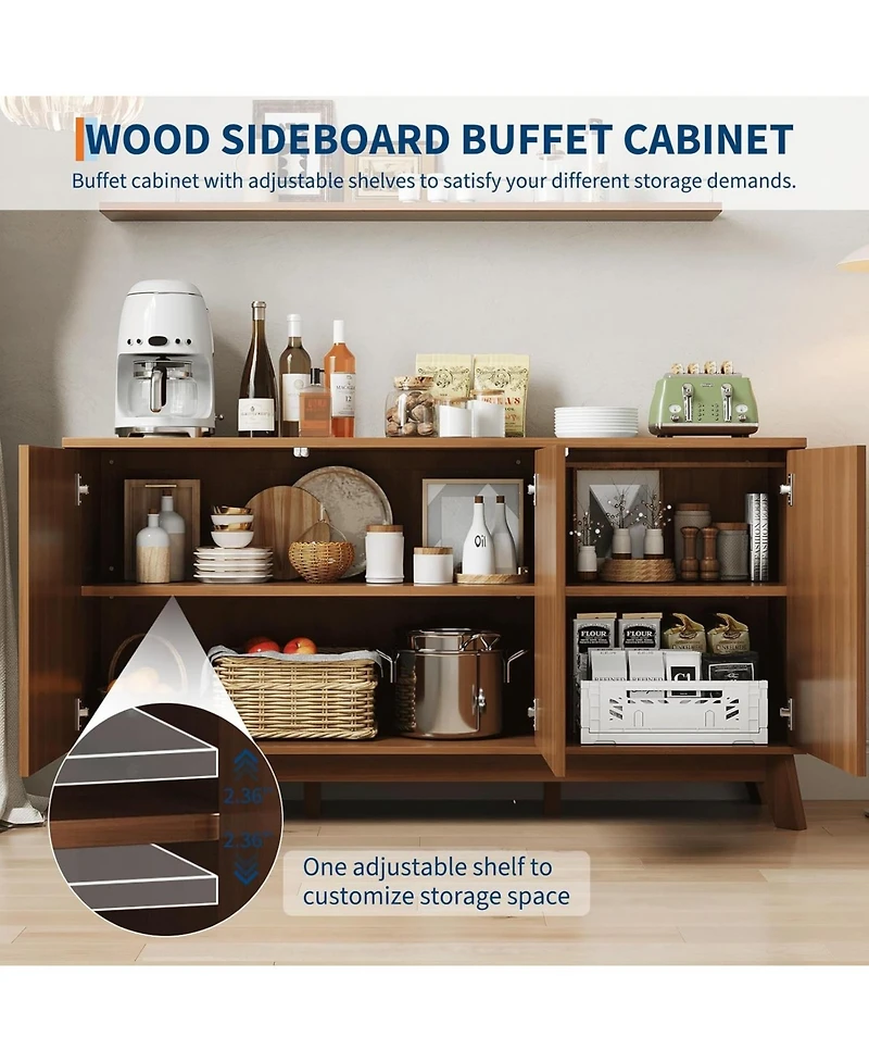 gaomon 58” Wood Modern-Farmhouse 4 Door Adjustable Shelf Sideboard Furniture