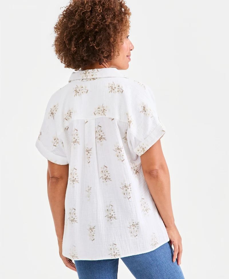 Style & Co Women's Printed Cotton Gauze Collared Popover Top, Macy's Exclusive