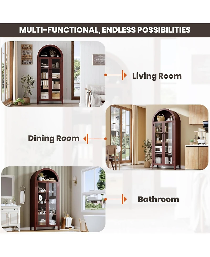 gaomon Arched Kitchen Pantry Storage Cabinet - Farmhouse 5 Tier Display Shelf with Adjustable and 2 Large Glass Doors