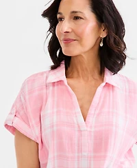 Style & Co Women's Cotton Gauze Plaid Collared Popover Top, Macy's Exclusive