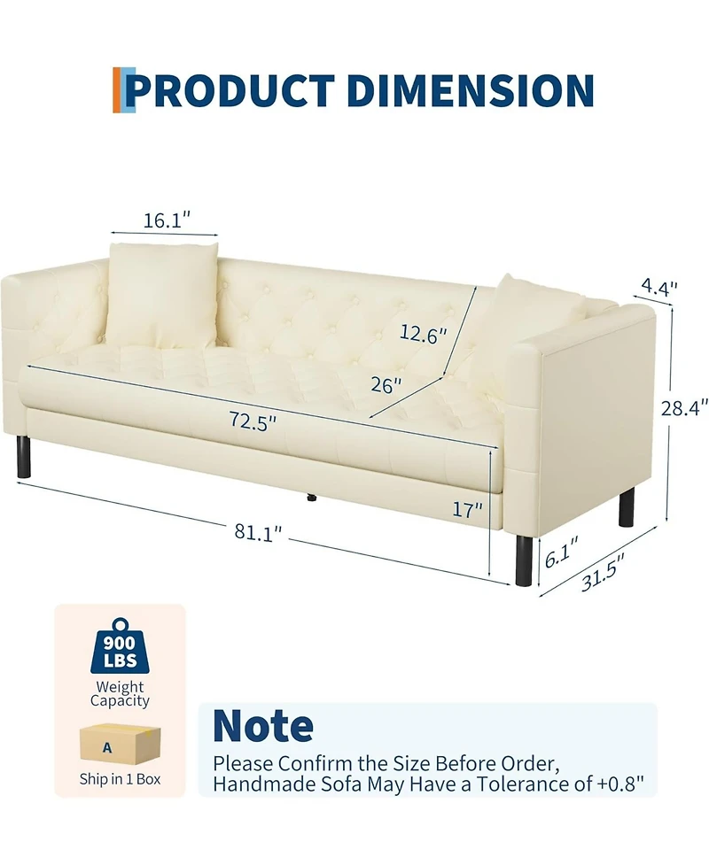 gaomon 81" Leather Couch, Handmade Button Tufted 3 Seater Sofa, Chesterfield Sofa with Deep Seat and 2 Pillows